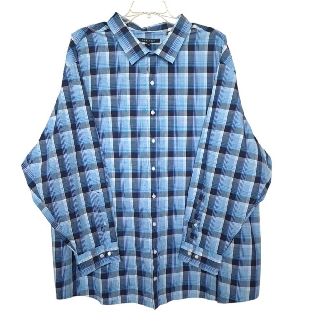 Synrgy Men's Collared Button-Up Shirt Size 4XL Blue Plaid Long Sleeve